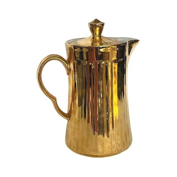Antique Royal Worcester Ribbed Gold Lustre Coffee Tea Pot w Lid Fine Porcelain